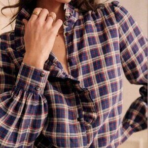 Sezane Chlo Shirt Size 34 in Linen Oxford Plaid